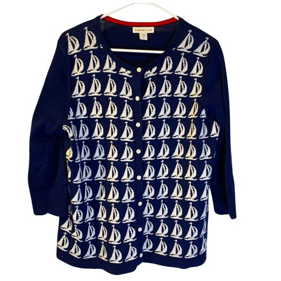Coldwater Creek Women's Sailboat Sweater Cardigan Size L 14 Preppy Navy Blue - Picture 1 of 6